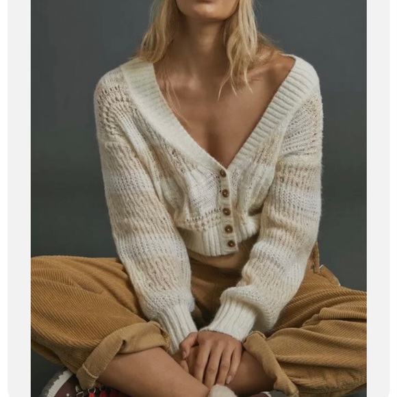 NWT $118 Anthropologie Pilcro Scarlette Pointelle Cropped Cardigan Sweater Large - Picture 1 of 3